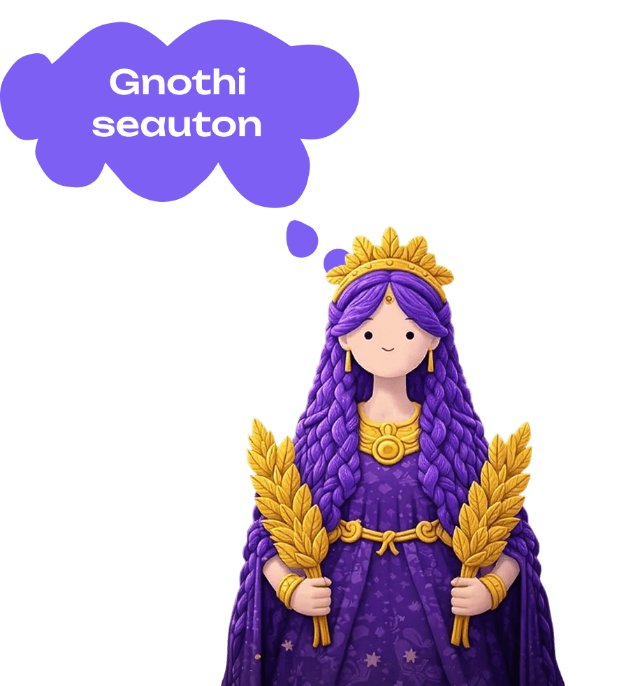 Demeter, Seauton's purple-haired guide, with the words Gnothi seauton: know yourself.