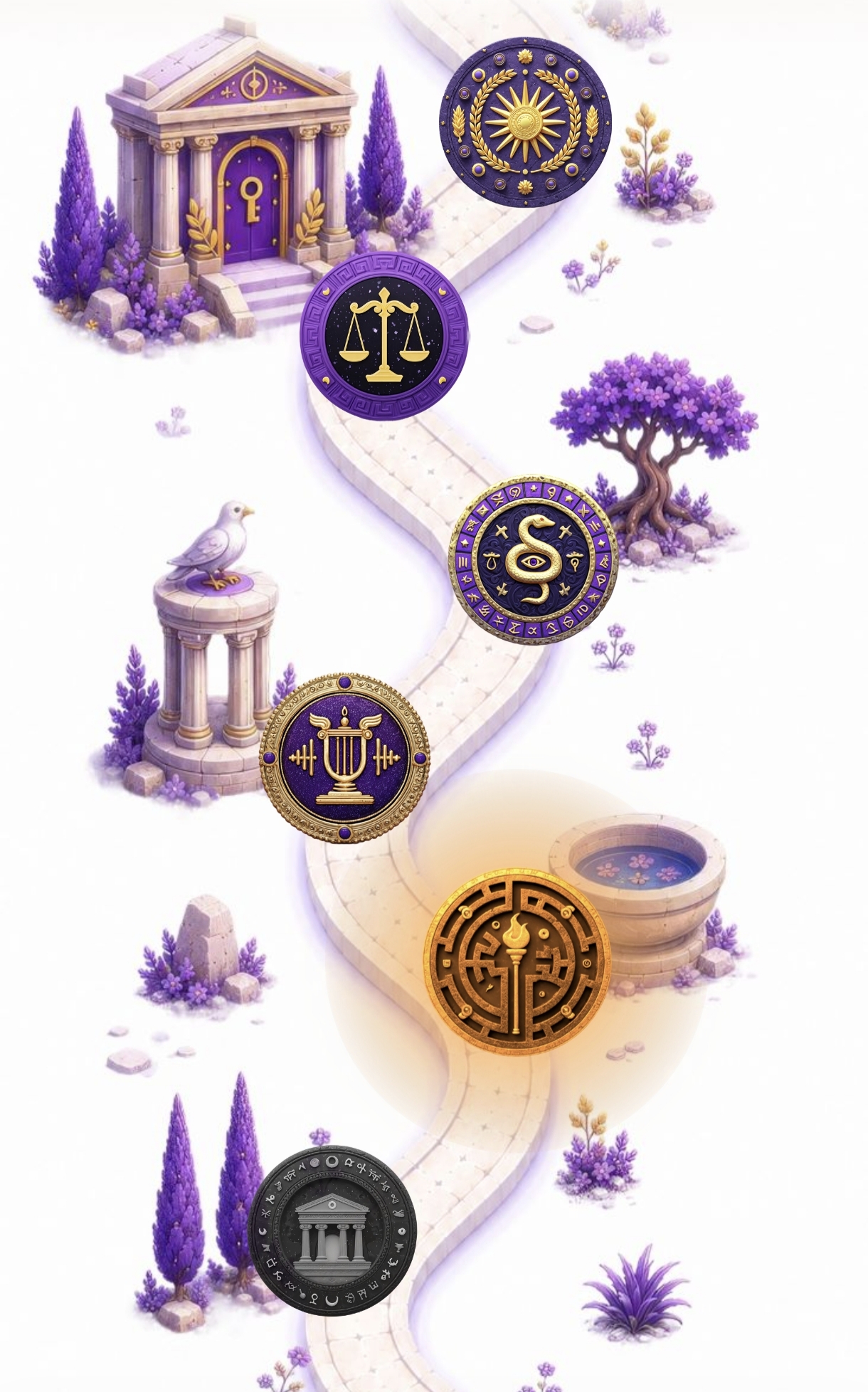 Seauton's reflection path winding past purple gardens and temples, with illustrated badges to earn by answering questions.